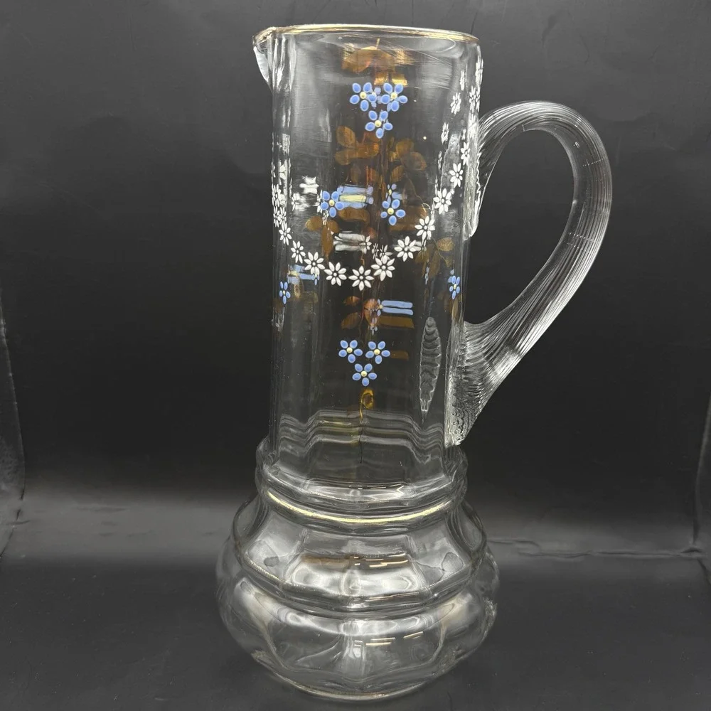 Antique Victorian Bohemian Enameled Glass Claret Pitcher Blue Floral Gilt 11‎ in